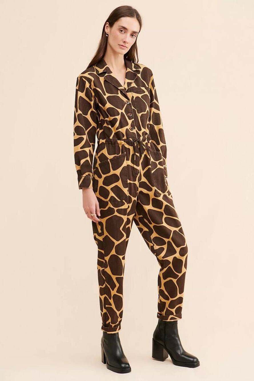 Rachel Antonoff Ziggy Coveralls Jumpsuit Long Sleeve Brown Patterned Spotted EUC